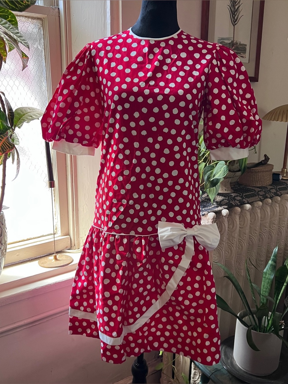 Vtg 80s 90s Picture Me Red White Polka Dot Puff Sleeve Dress - Size Teen 12